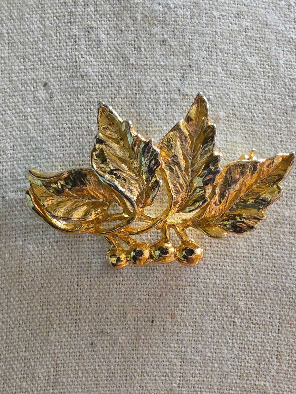 Vintage Gold Tone Leaf & Berry Brooch  Autumn Botanical Brooch